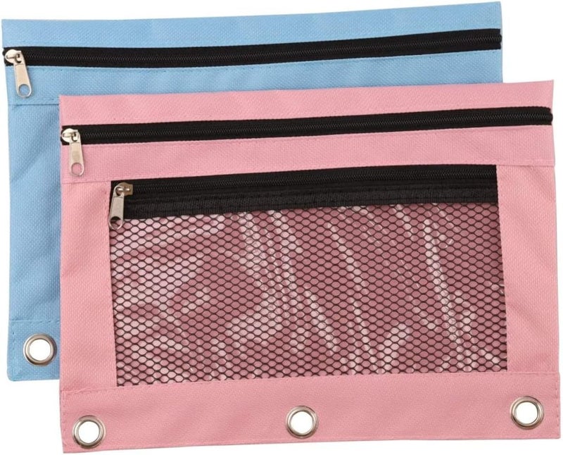 woobles Binder Pouches, 2pcs Binder Pencil Bags with Zipper, Dual Pocket Pencil Case Bag with Mesh Window, Pencils Storage Container for Office School Supplies(Blue+Pink) - Image 2